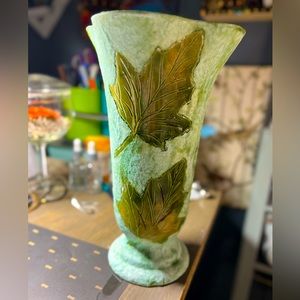 Vintage 1970s pottery stoneware carved leaves Vase. 10”